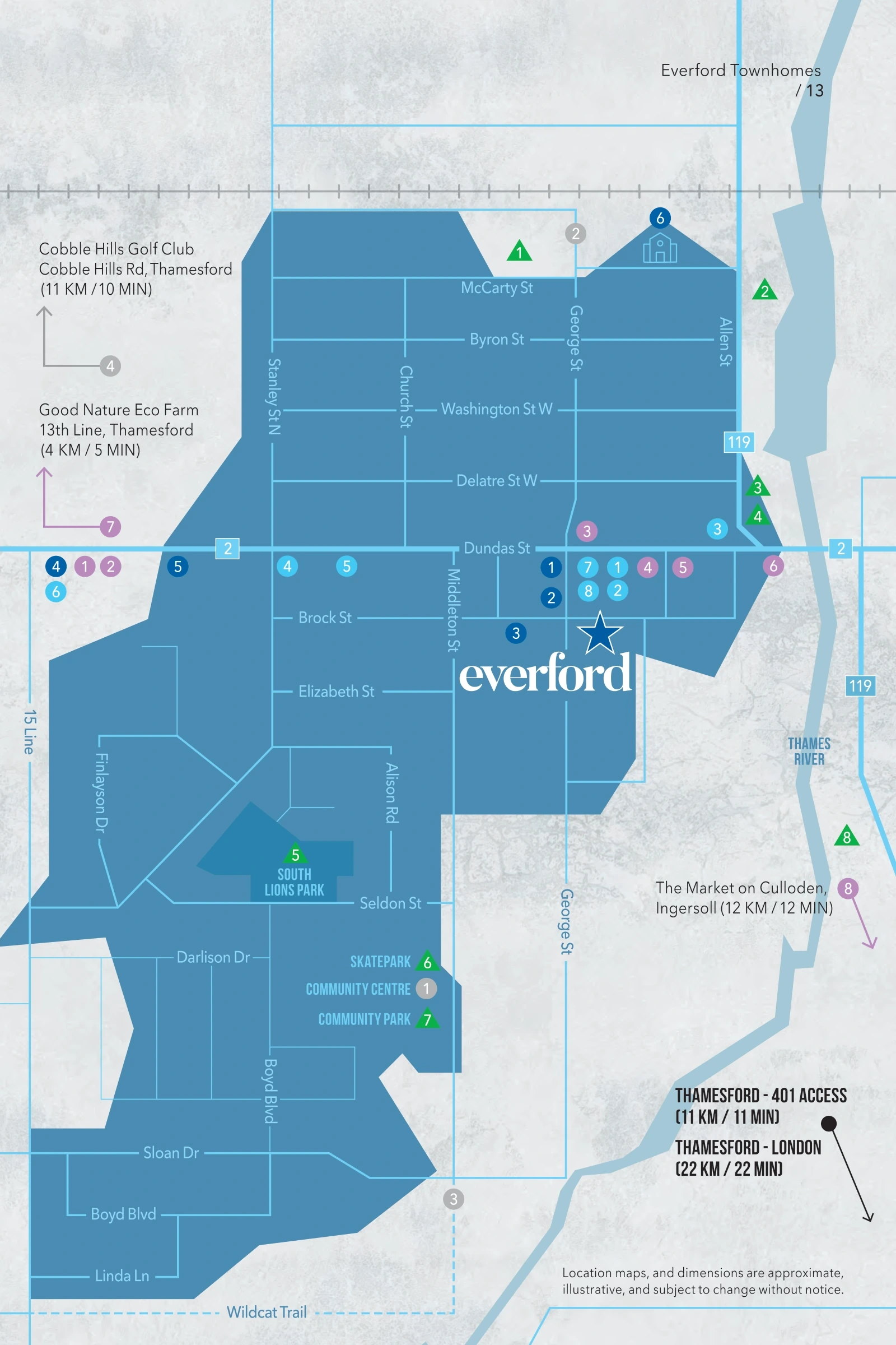 Illustrative Thamesford area map showing roads, river and local places