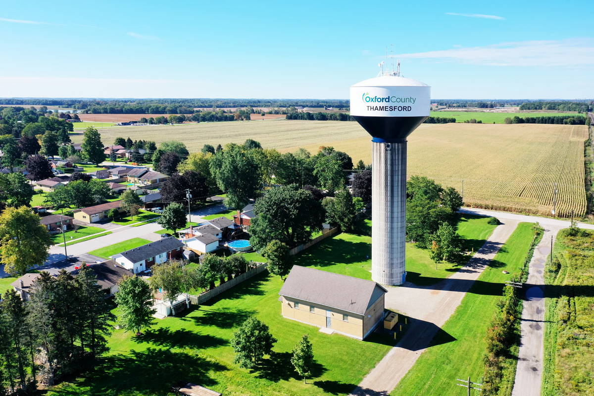Thamesford water tower overlooking the surrounding town